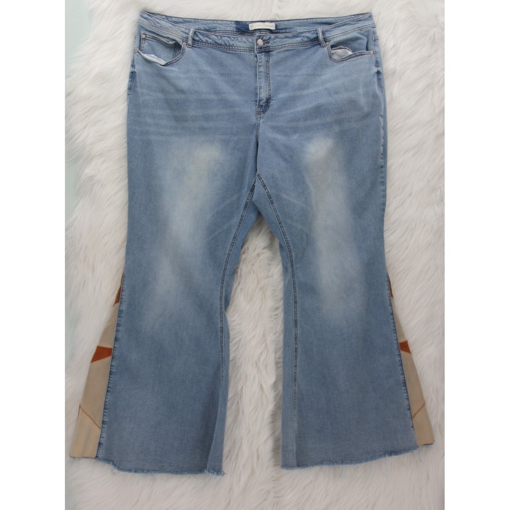 Cato Est 1946 Denim Womens 26W Flare Leg Jeans Brown Patchwork Inset Boho Gypsy - Picture 2 of 12